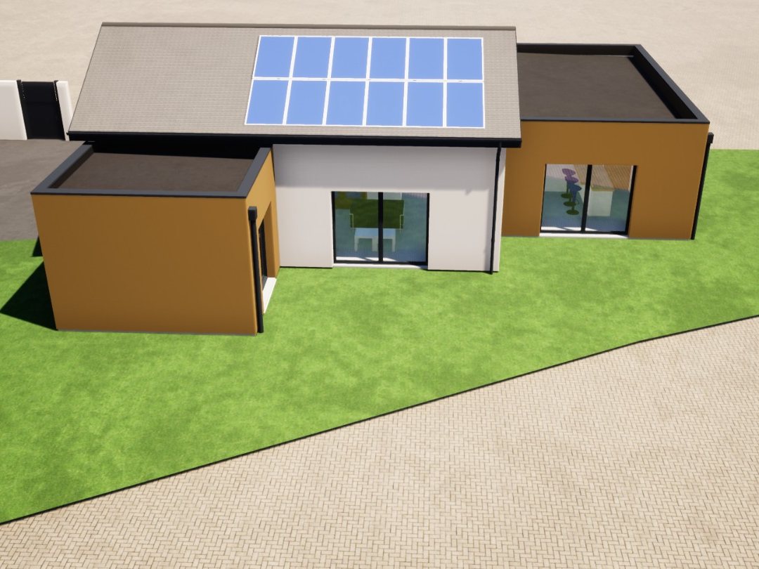 Vue 3D de la maison en construction à Préaux : corps central blanc, ailes ocre en toit-terrasse